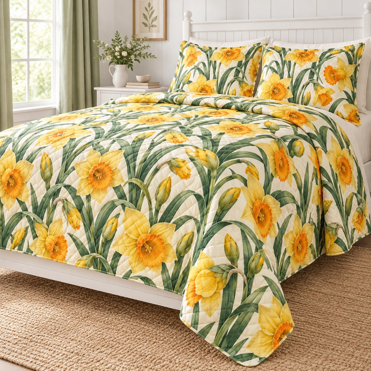 Golden Daffodil Spring quilt set, right hero, AI-generated mockup