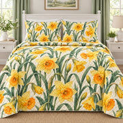 Golden Daffodil Spring quilt set, front, AI-generated mockup