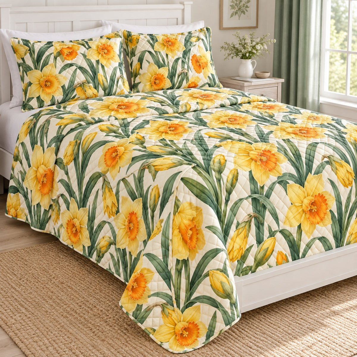 Golden Daffodil Spring quilt set, left, AI-generated mockup
