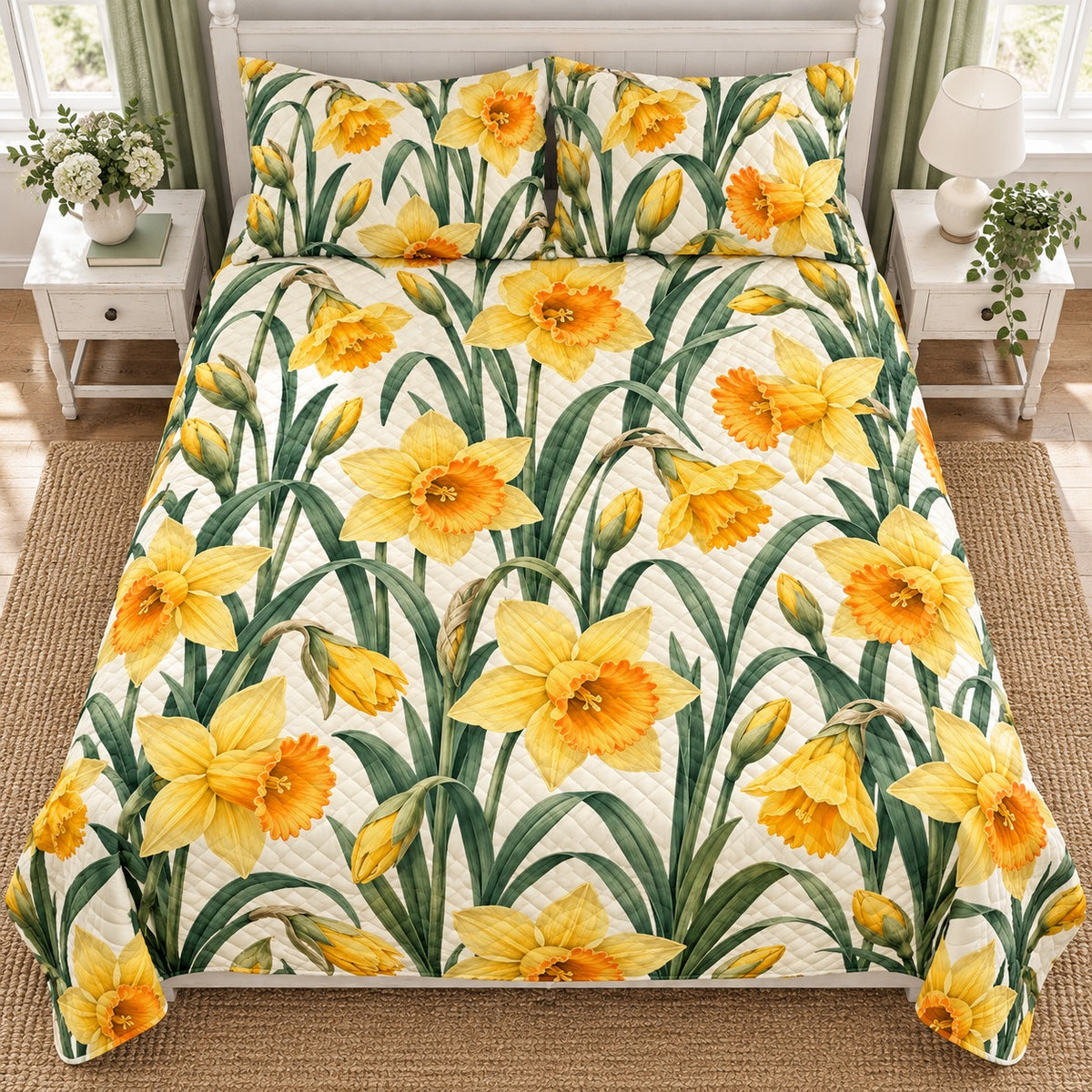Golden Daffodil Spring quilt set, overhead, AI-generated mockup