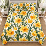 Golden Daffodil Spring quilt set, overhead, AI-generated mockup