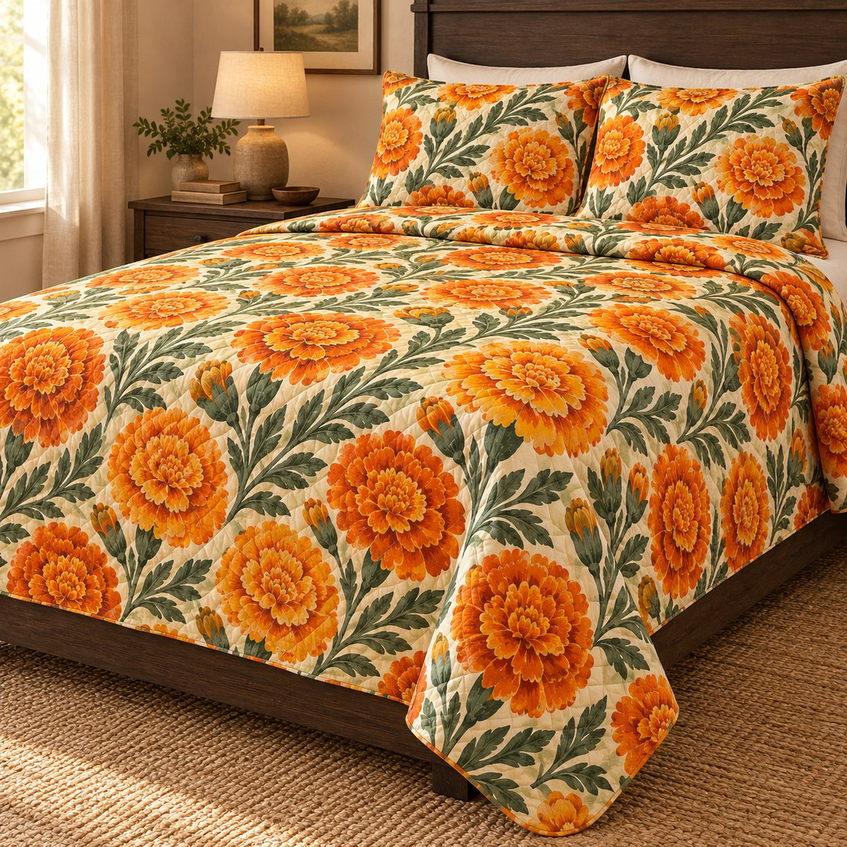 Marigold Harvest Print quilt set, right hero, AI-generated mockup