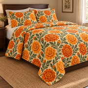 Marigold Harvest Print quilt set, left, AI-generated mockup
