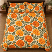 Marigold Harvest Print quilt set, overhead, AI-generated mockup