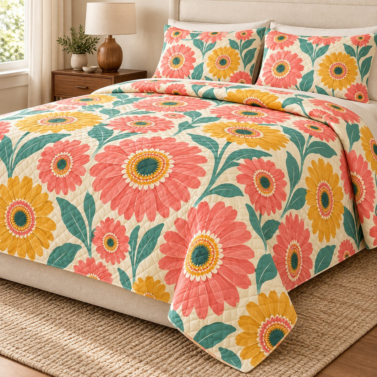 Gerbera Color Pop quilt set, right hero, AI-generated mockup