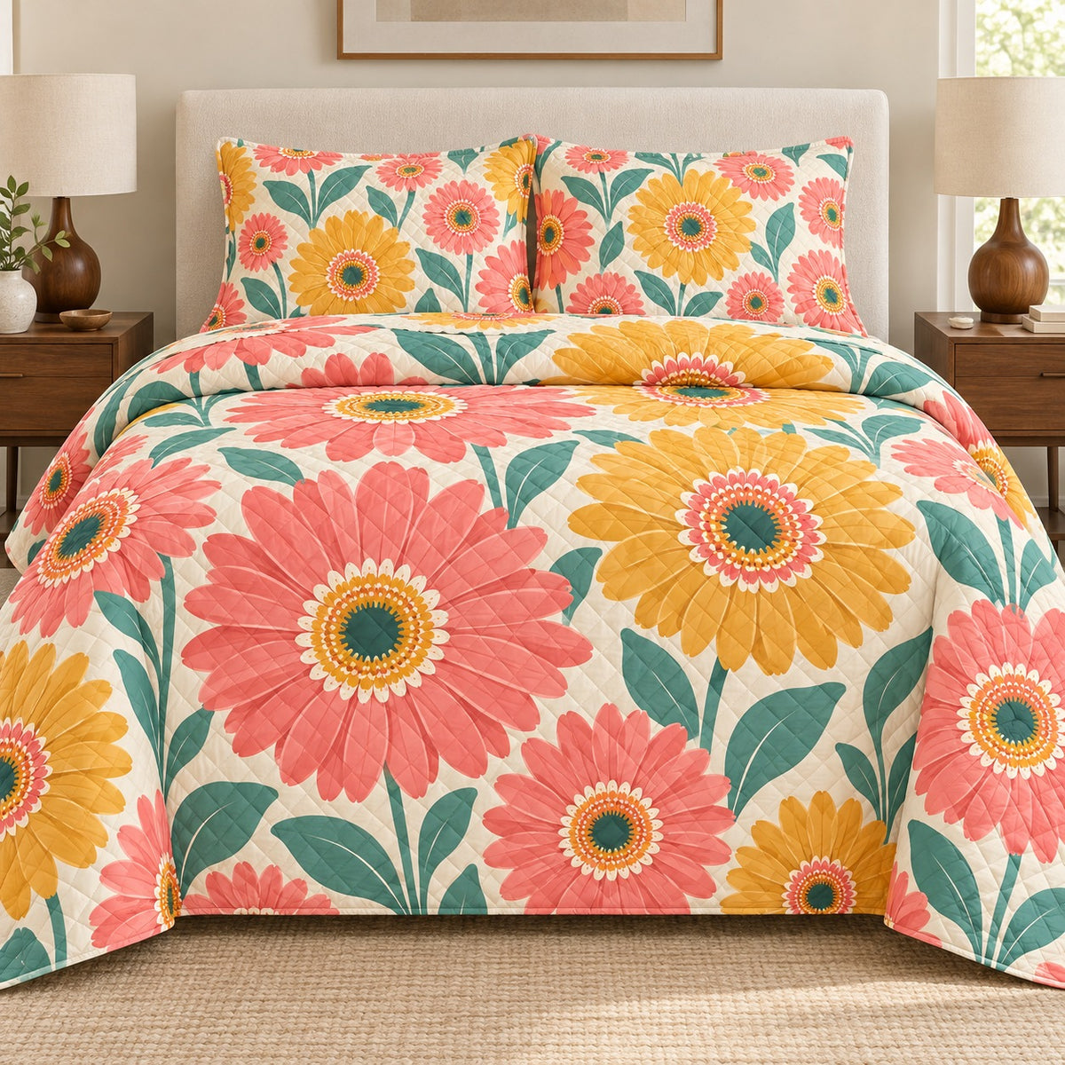 Gerbera Color Pop quilt set, front, AI-generated mockup
