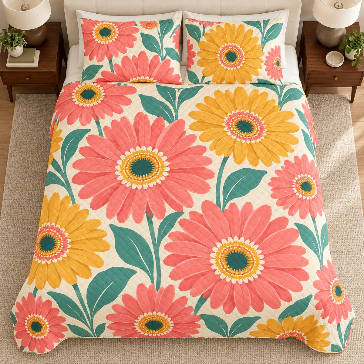 Gerbera Color Pop quilt set, overhead, AI-generated mockup