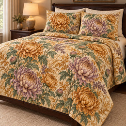 Chrysanthemum Fall Heirloom Quilt Set, Floral Bedding, Gift for Garden Lovers
