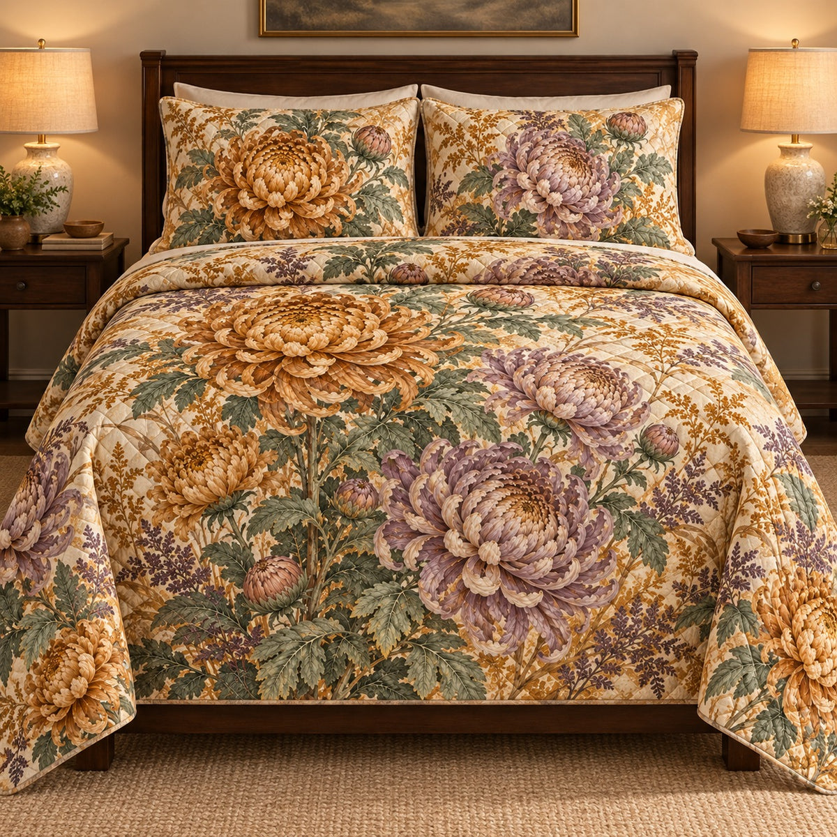 Chrysanthemum Fall Heirloom quilt set, front, AI-generated mockup