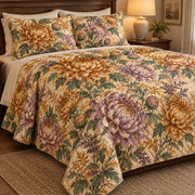 Chrysanthemum Fall Heirloom quilt set, left, AI-generated mockup
