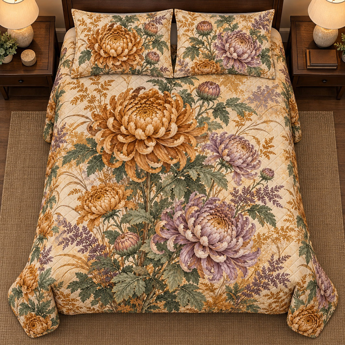 Chrysanthemum Fall Heirloom quilt set, overhead, AI-generated mockup