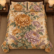 Chrysanthemum Fall Heirloom quilt set, overhead, AI-generated mockup