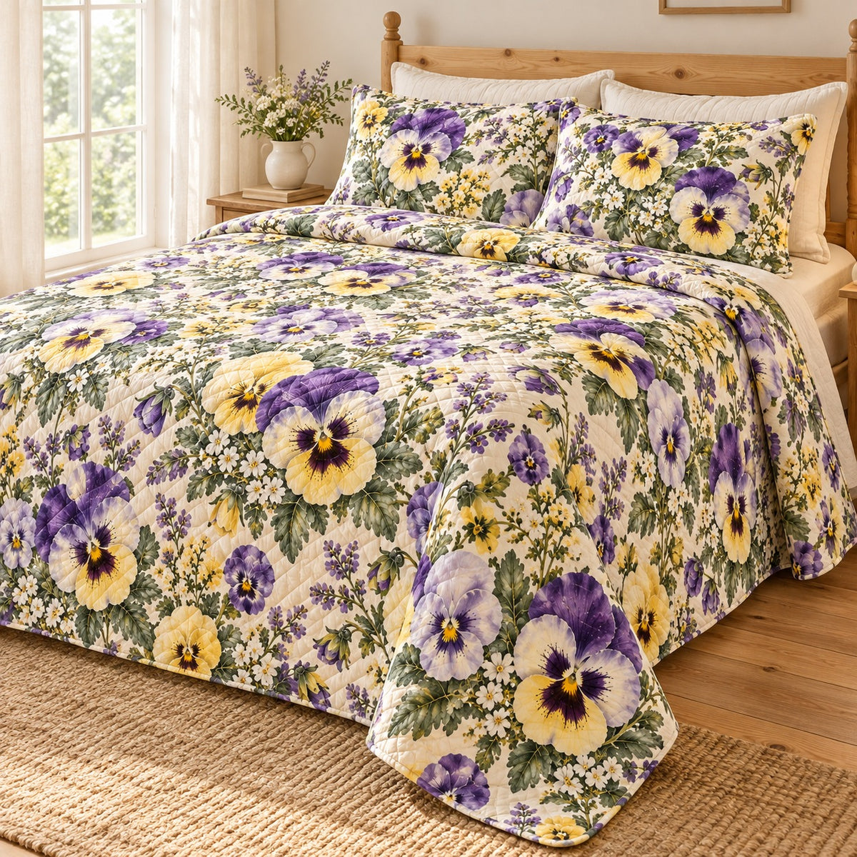 Violet Pansy Cottage quilt set, right hero, AI-generated mockup