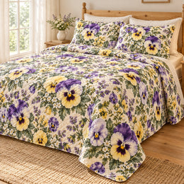 Violet Pansy Cottage Quilt Set, Botanical Floral Bedding, Gift for Garden Lovers