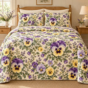 Violet Pansy Cottage quilt set, front, AI-generated mockup