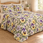 Violet Pansy Cottage quilt set, left, AI-generated mockup