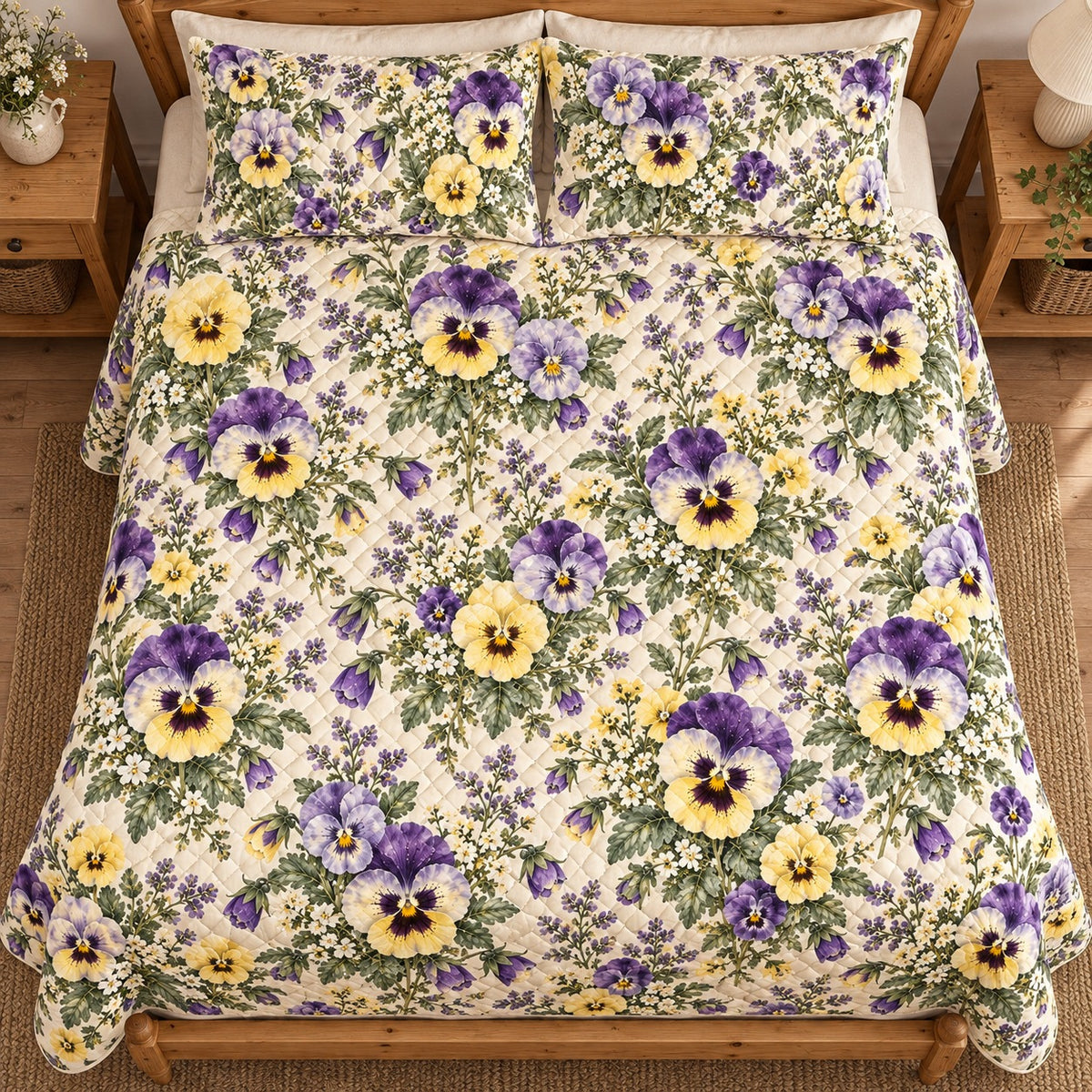 Violet Pansy Cottage quilt set, overhead, AI-generated mockup