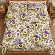 Violet Pansy Cottage quilt set, overhead, AI-generated mockup