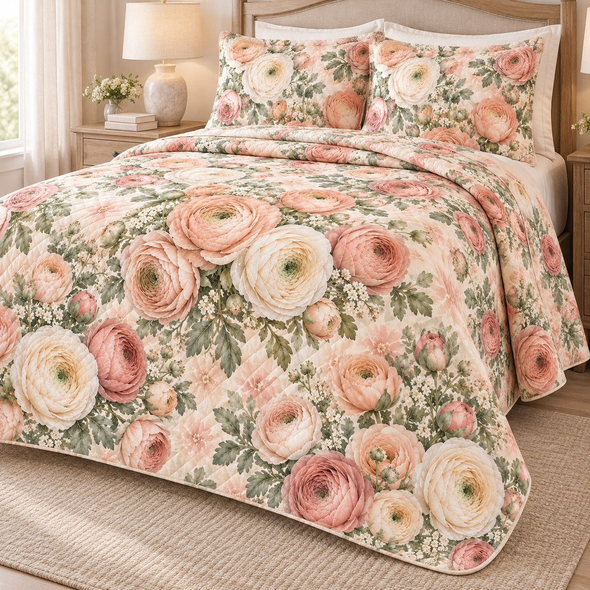 Soft Ranunculus Bouquet quilt set, right hero, AI-generated mockup
