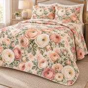 Soft Ranunculus Bouquet quilt set, right hero, AI-generated mockup