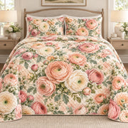 Soft Ranunculus Bouquet quilt set, front, AI-generated mockup