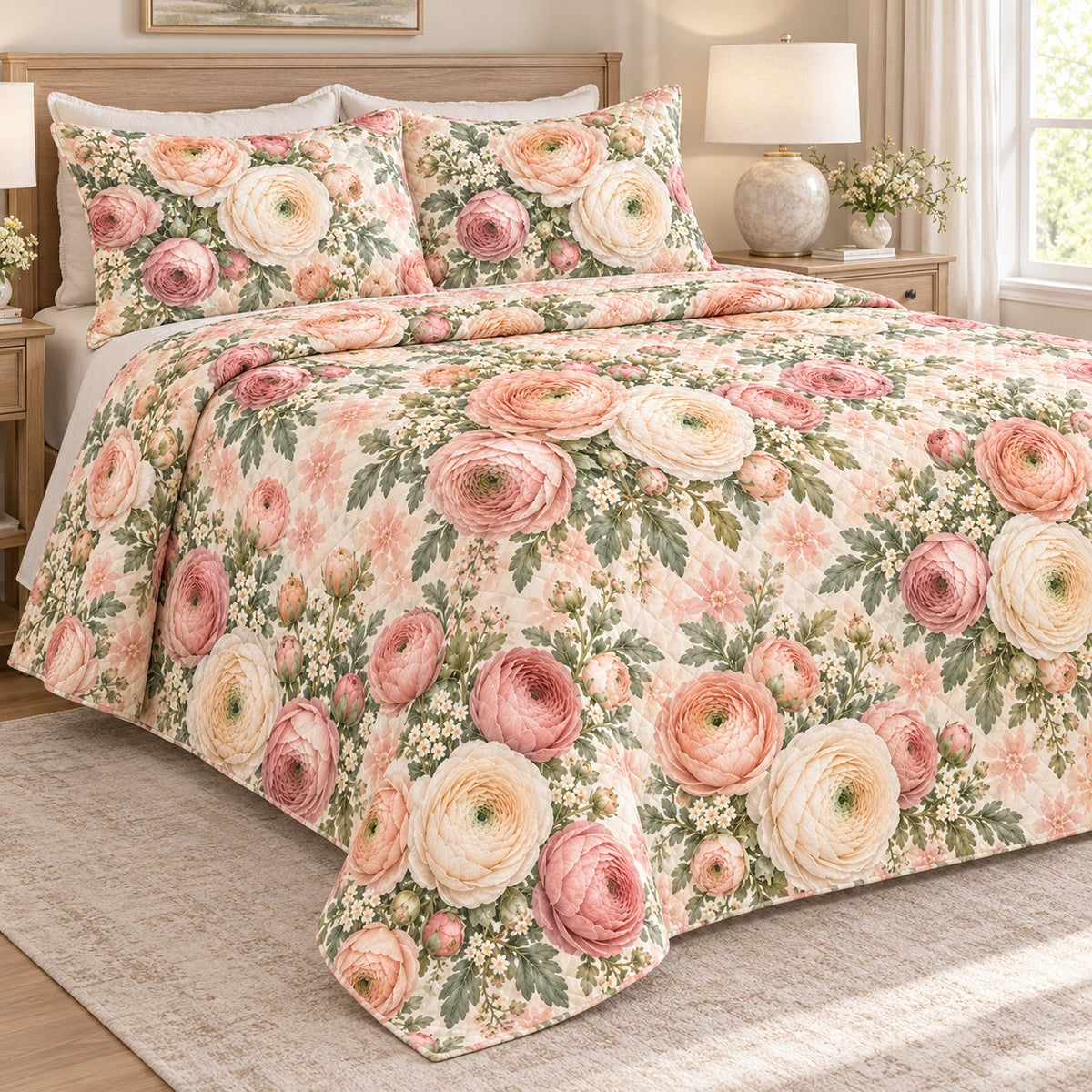 Soft Ranunculus Bouquet quilt set, left, AI-generated mockup