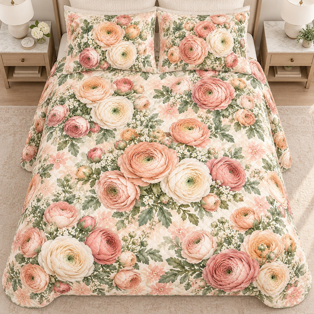 Soft Ranunculus Bouquet quilt set, overhead, AI-generated mockup
