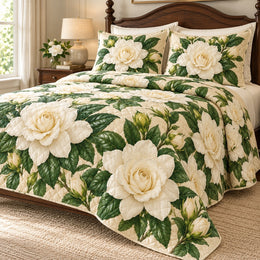 White Gardenia Grace Quilt Set, Elegant Floral Bedding, Gift for Garden Lovers