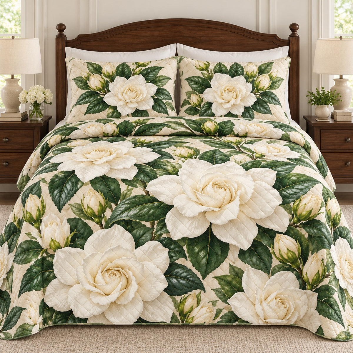 White Gardenia Grace quilt set, front, AI-generated mockup