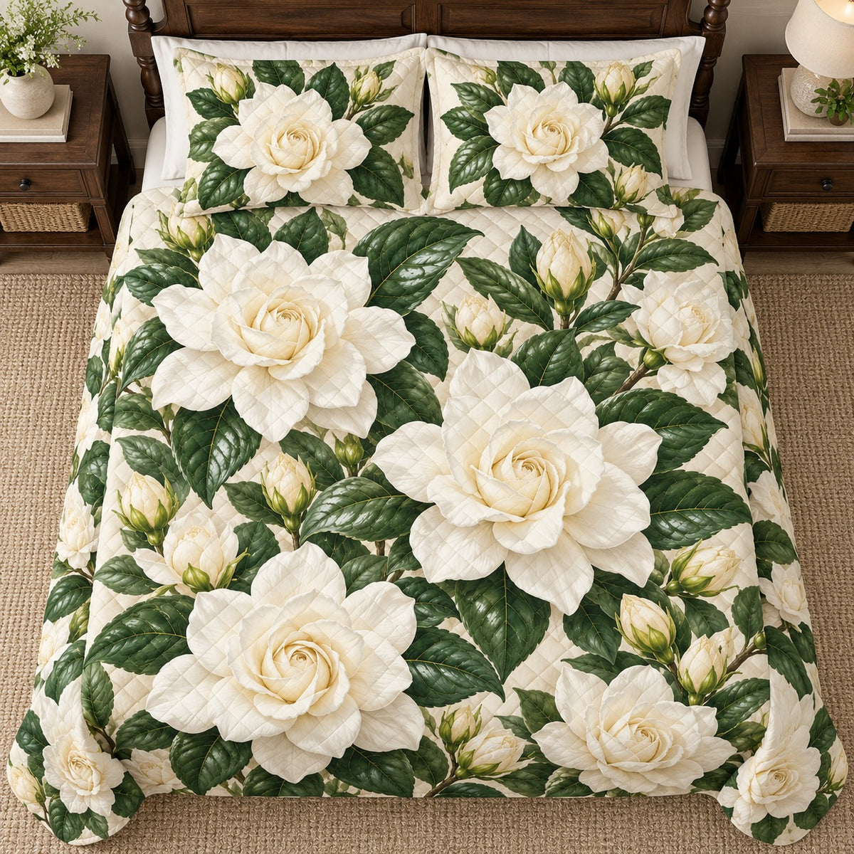 White Gardenia Grace quilt set, overhead, AI-generated mockup