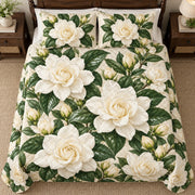 White Gardenia Grace quilt set, overhead, AI-generated mockup