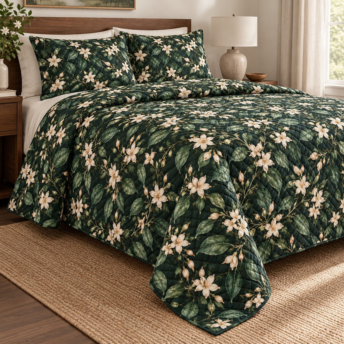 Jasmine Night Garden quilt set, left, AI-generated mockup