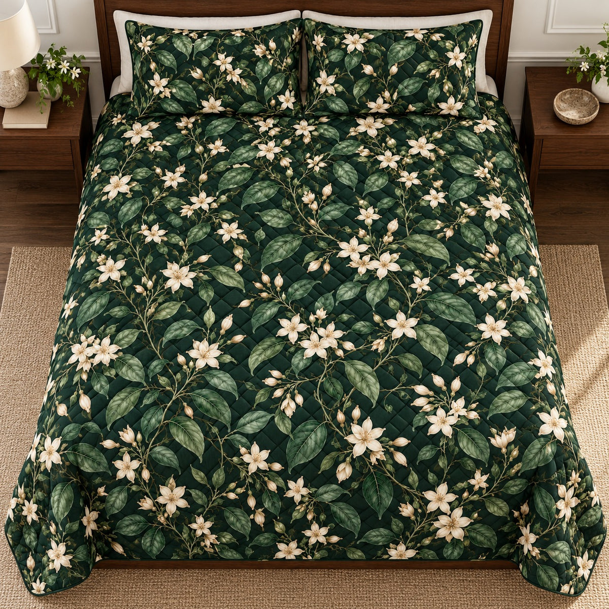 Jasmine Night Garden quilt set, overhead, AI-generated mockup