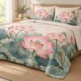 Serene Pink Lotus Quilt Set, Calm Botanical Floral Bedding, Gift for Garden Lovers
