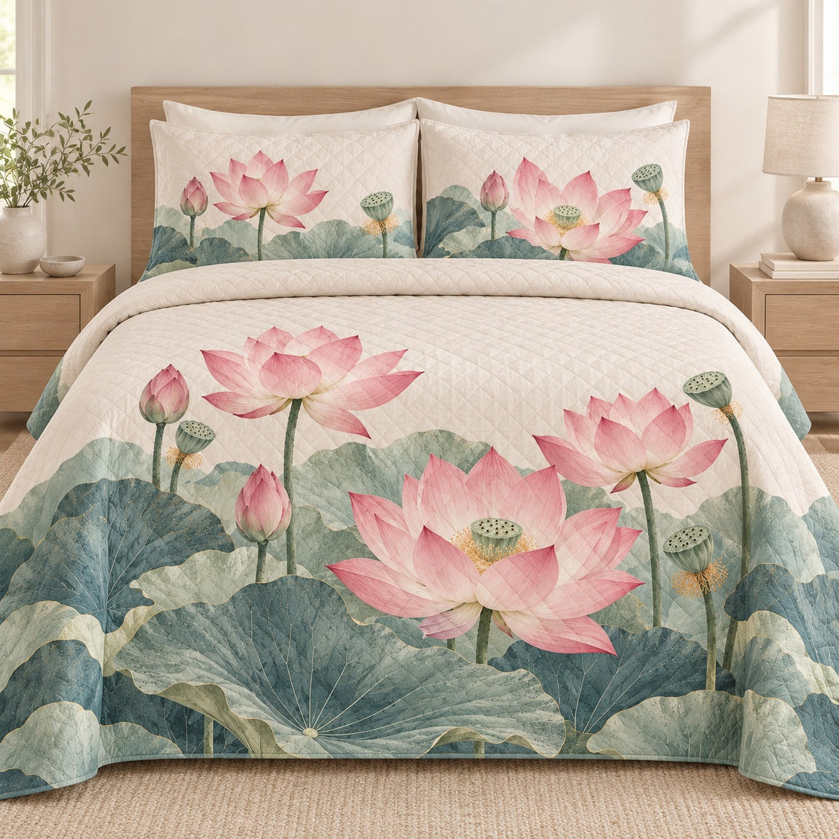 Serene Pink Lotus quilt set, front, AI-generated mockup