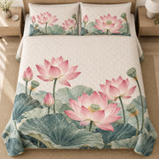 Serene Pink Lotus quilt set, overhead, AI-generated mockup
