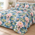 Blue Water Lily Pond Quilt Set, Watercolor Floral Bedding, Gift for Garden Lovers