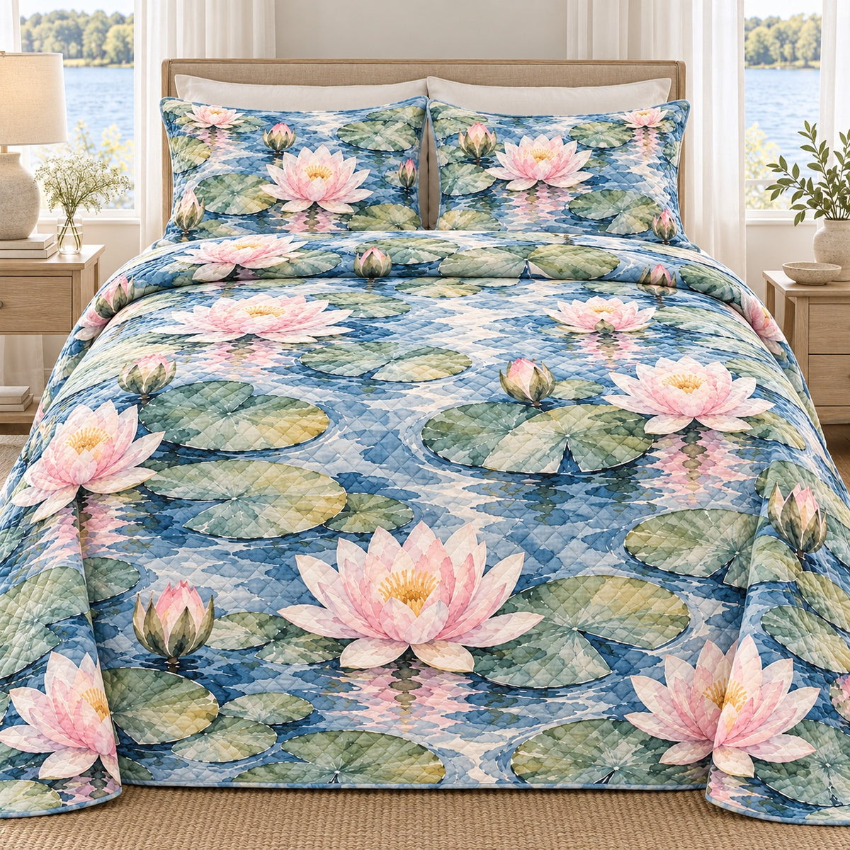 Blue Water Lily Pond quilt set, front, AI-generated mockup