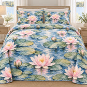 Blue Water Lily Pond quilt set, front, AI-generated mockup