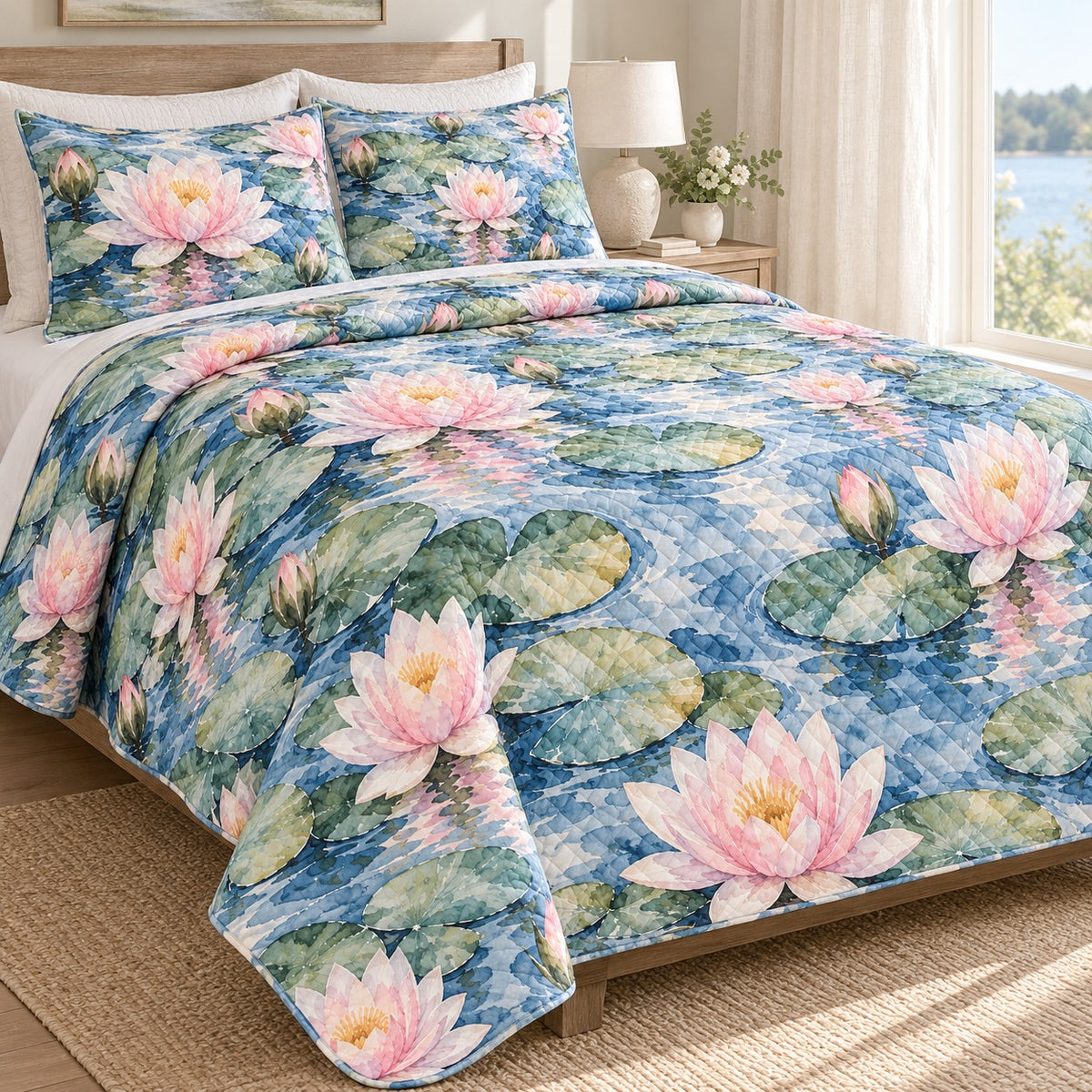 Blue Water Lily Pond quilt set, left, AI-generated mockup