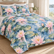 Blue Water Lily Pond quilt set, left, AI-generated mockup