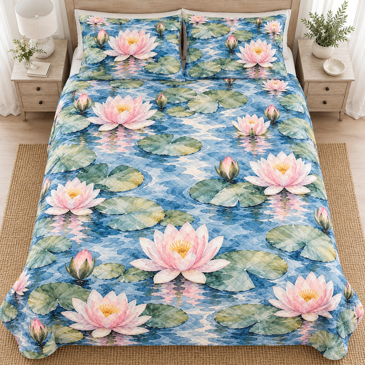 Blue Water Lily Pond quilt set, overhead, AI-generated mockup
