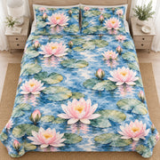Blue Water Lily Pond quilt set, overhead, AI-generated mockup