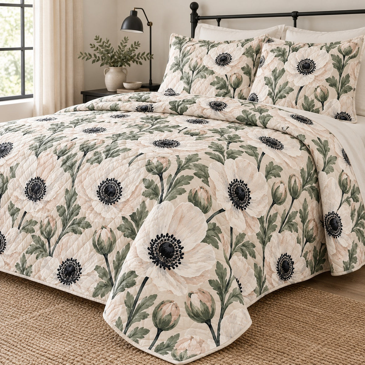 White Anemone Contrast quilt set, right hero, AI-generated mockup