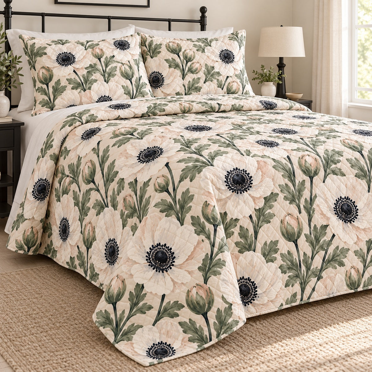 White Anemone Contrast quilt set, left, AI-generated mockup