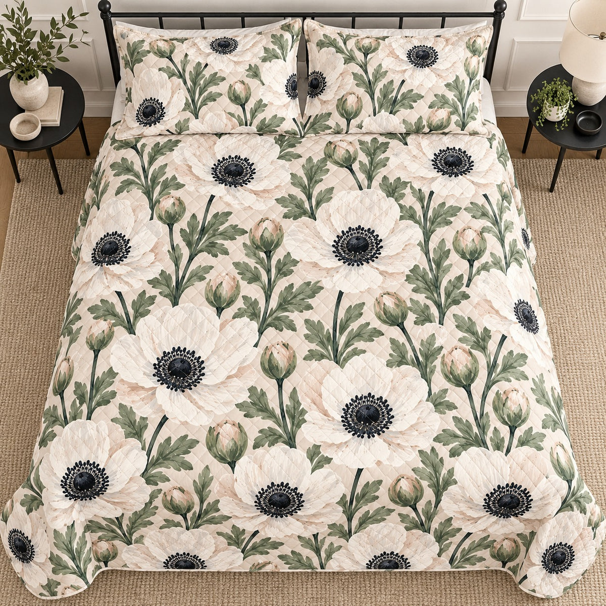 White Anemone Contrast quilt set, overhead, AI-generated mockup