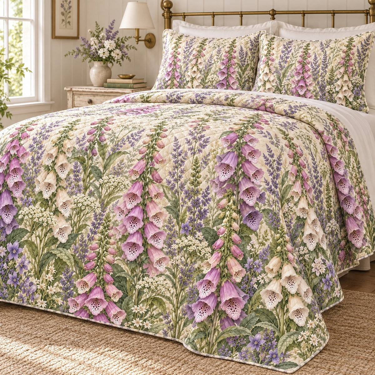 Foxglove Cottage Spires quilt set, right hero, AI-generated mockup