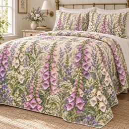 Foxglove Cottage Spires Quilt Set, Botanical Floral Bedding, Gift for Garden Lovers