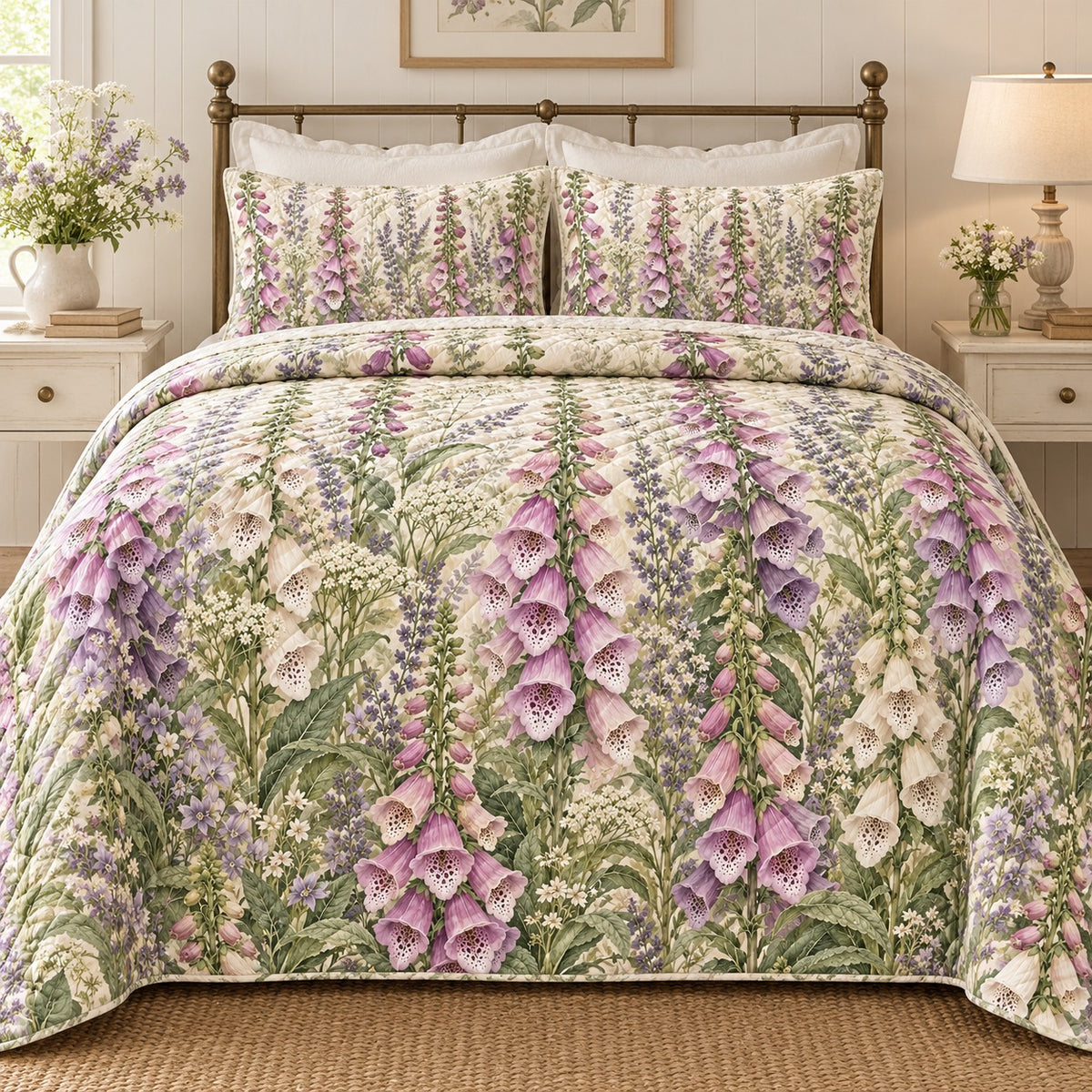 Foxglove Cottage Spires quilt set, front, AI-generated mockup