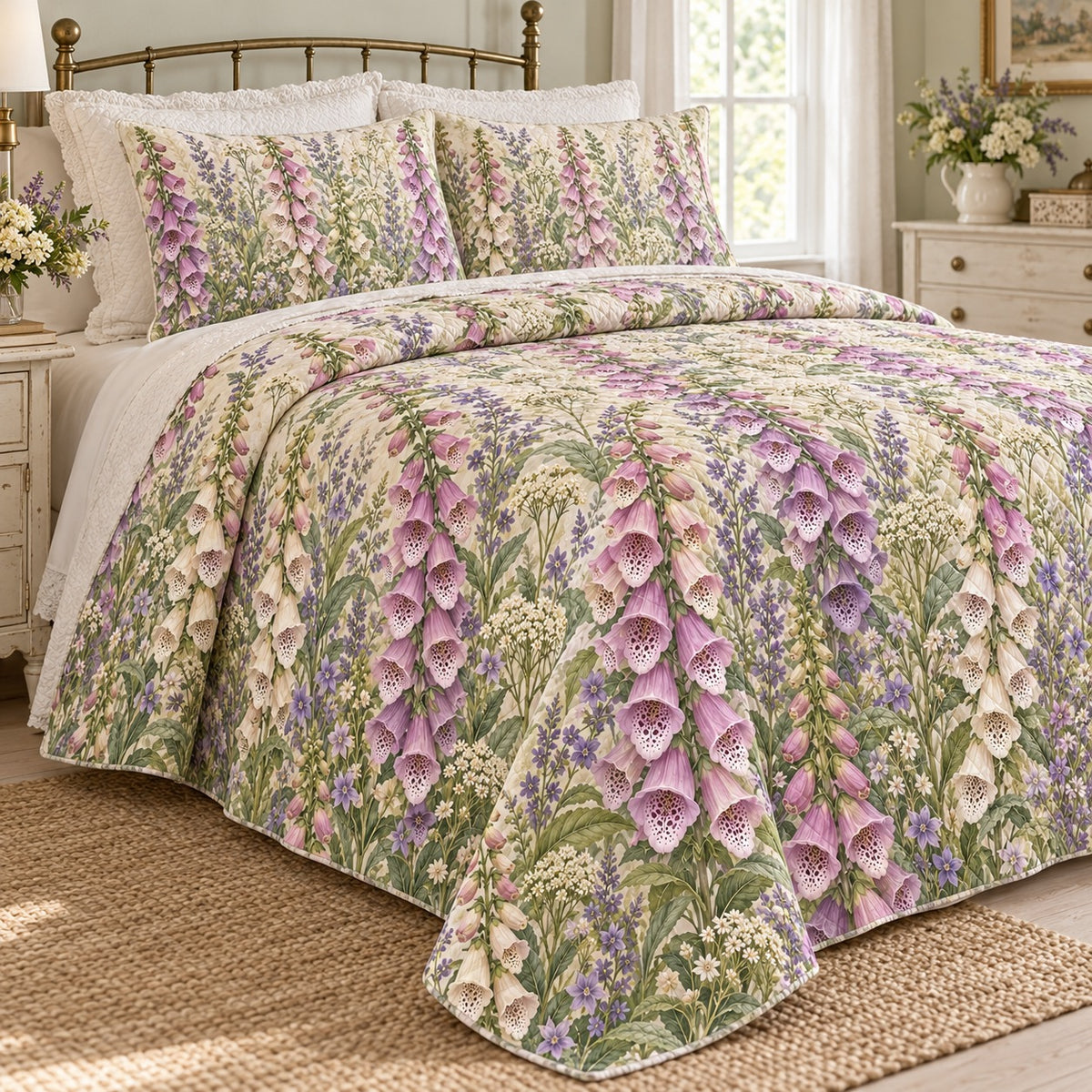 Foxglove Cottage Spires quilt set, left, AI-generated mockup